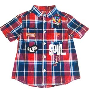 NWT GUESS Soul Print Plaid Button Down Shirt With Cap Sleeves Red/Navy Blue 2Y